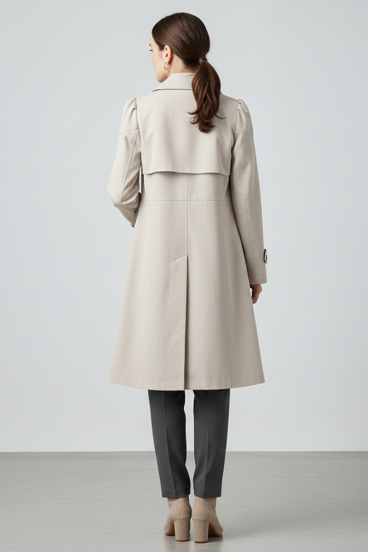 Women’s Long Coat with Notched Lapel and Front Button Fastening