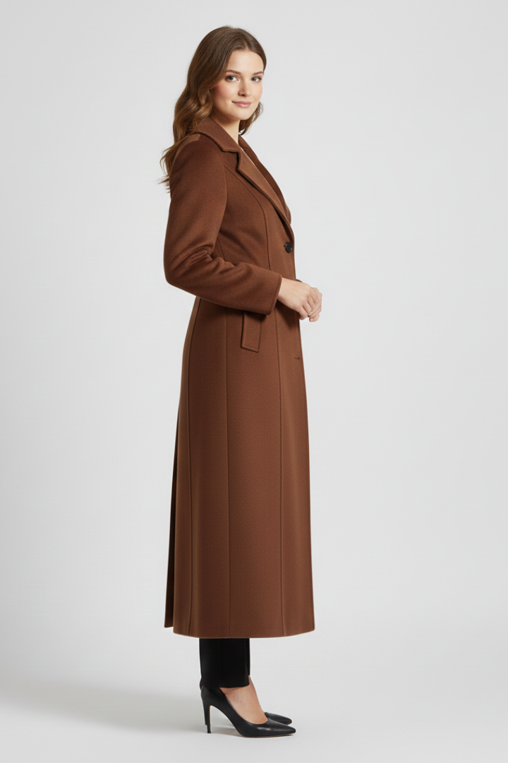 Women’s Long Coat with Shawl Collar and Waist Belt