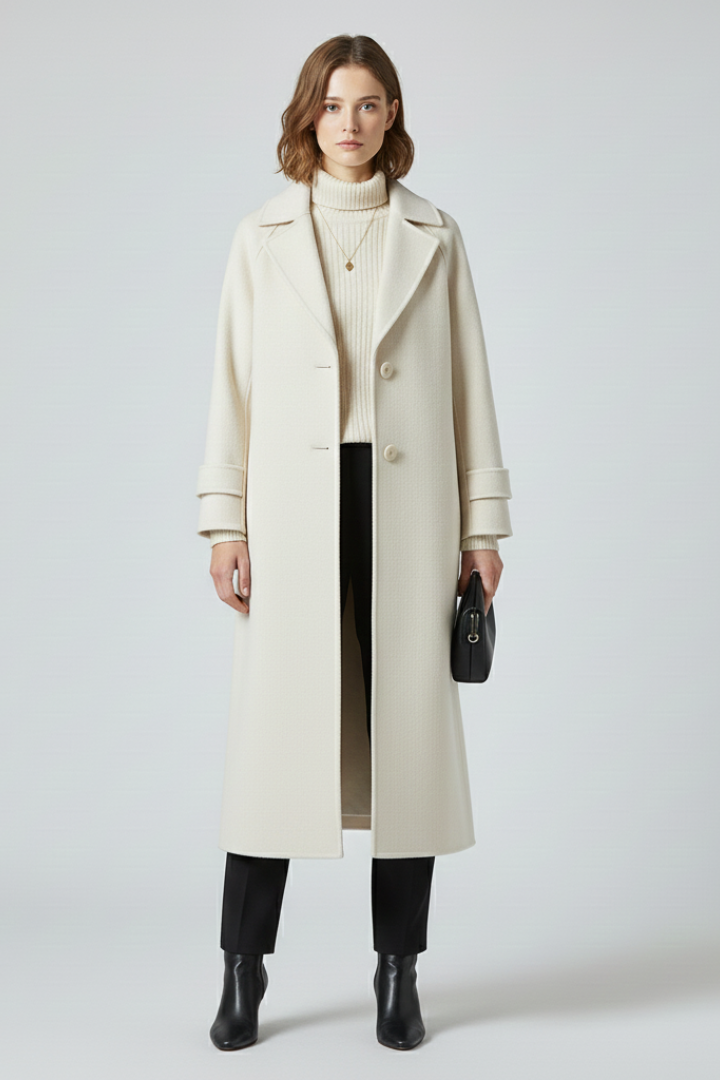 Women’s Long Coat with Straight Cut and Textured Surface