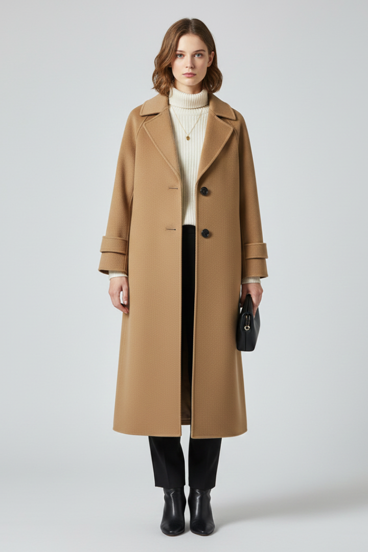 Women’s Long Coat with Straight Cut and Textured Surface