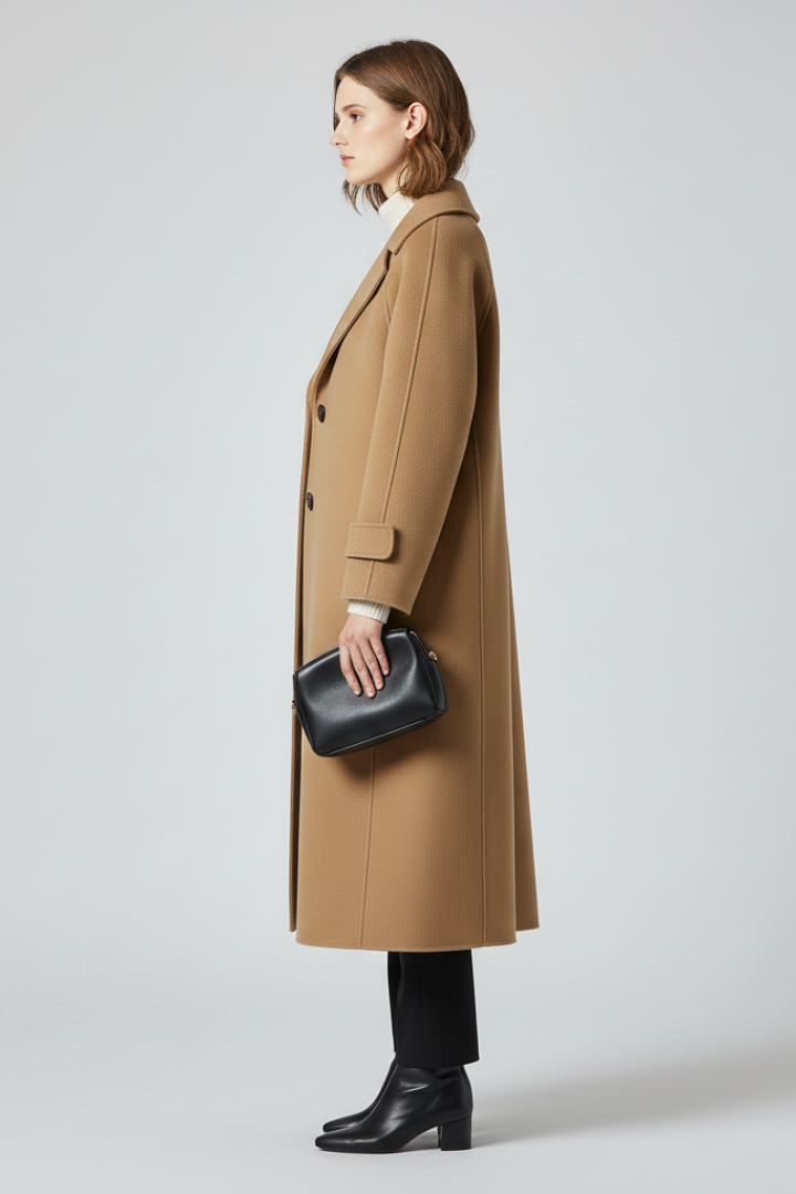 Women’s Long Coat with Straight Cut and Textured Surface