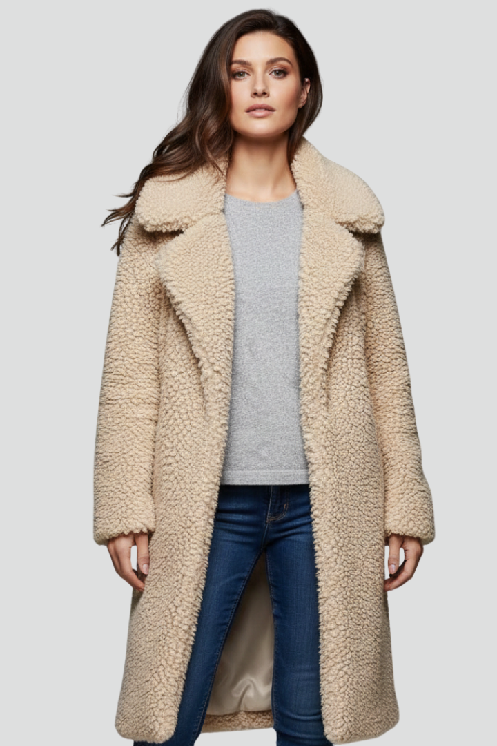 Women’s Long Coat with Textured Surface and Wide Collar