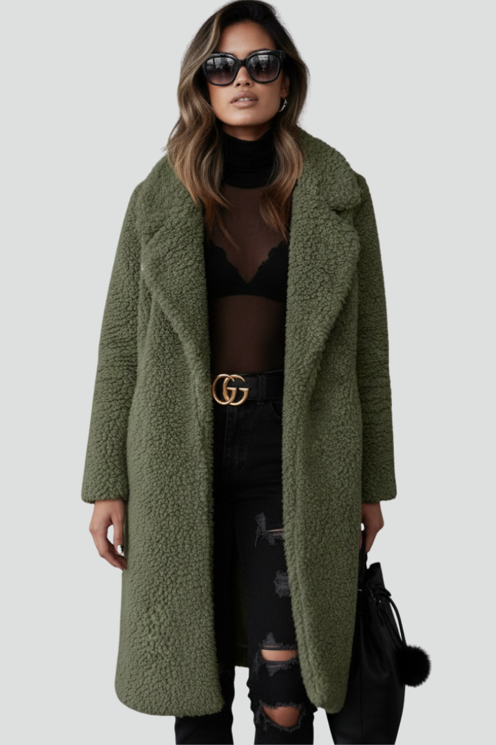 Women’s Long Coat with Textured Surface and Wide Collar