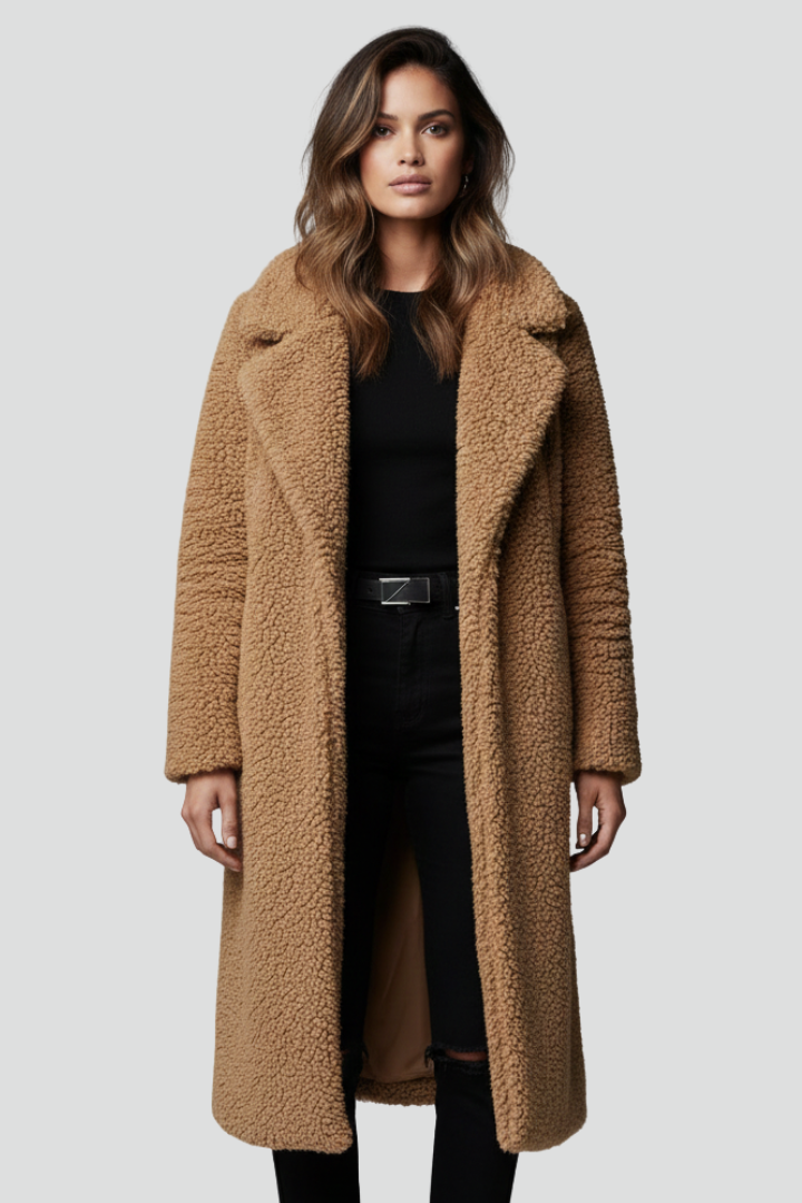Women’s Long Coat with Textured Surface and Wide Collar
