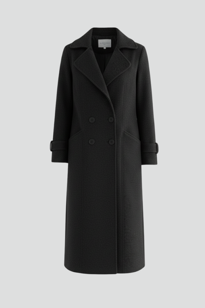 Women’s Long Coat with Turn-Down Collar and Button Fastening