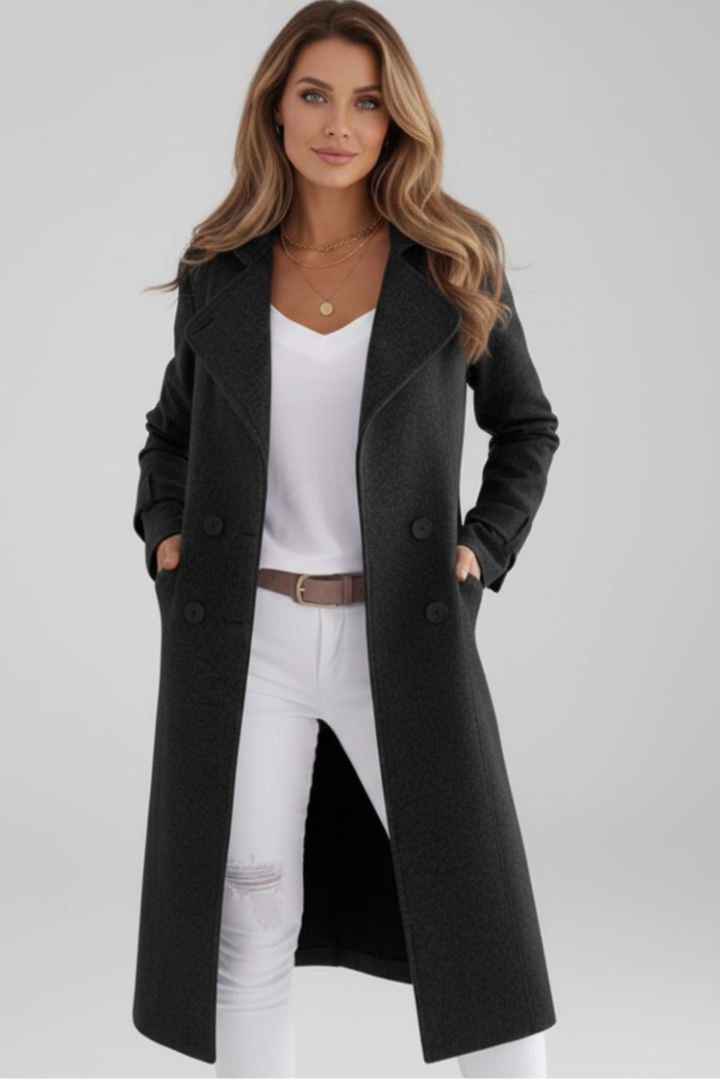 Women’s Long Coat with Turn-Down Collar and Button Fastening