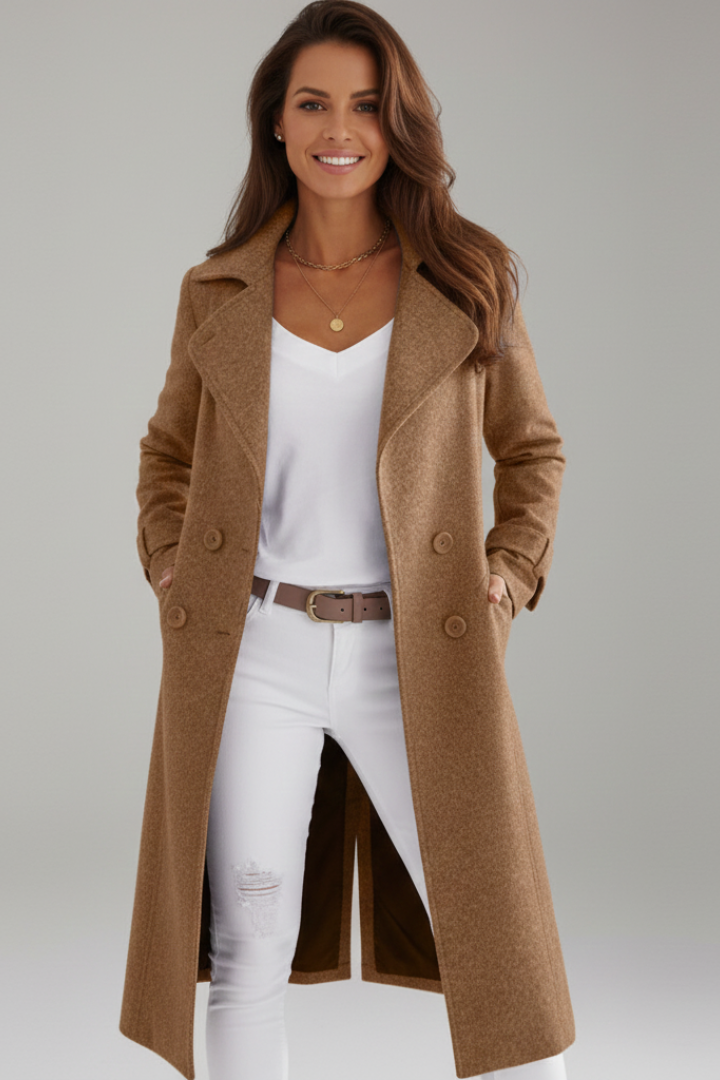 Women’s Long Coat with Turn-Down Collar and Button Fastening