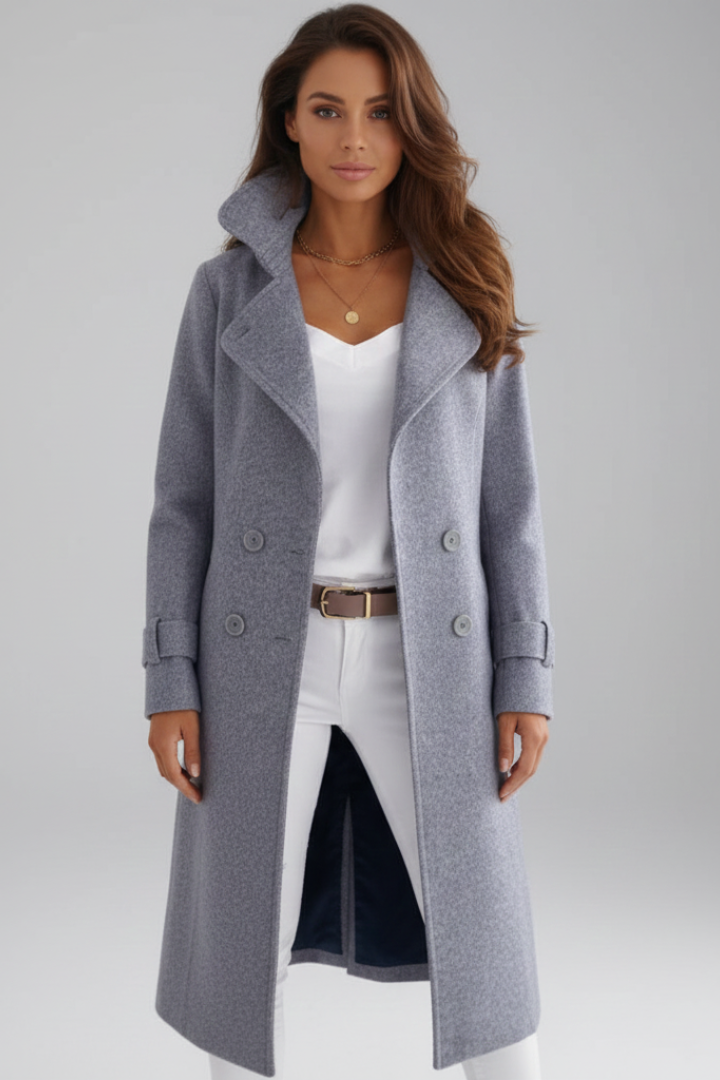 Women’s Long Coat with Turn-Down Collar and Button Fastening
