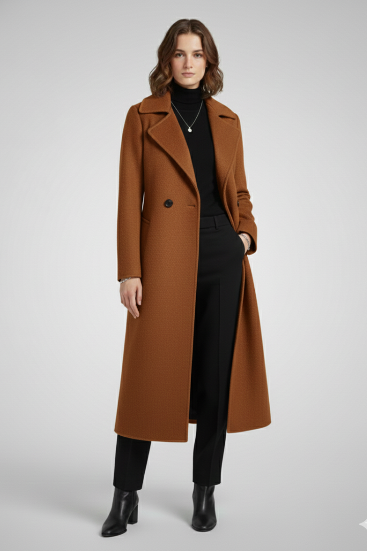 Women’s Long Coat with Turn-Down Collar and Woven Surface
