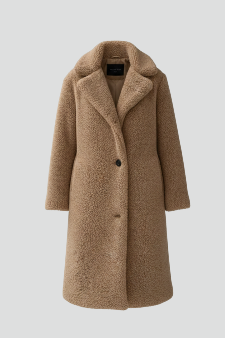 Women’s Long Coat with Wide Collar and Button Fastening