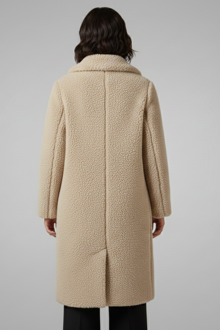 Women’s Long Coat with Wide Collar and Textured Fleece Finish
