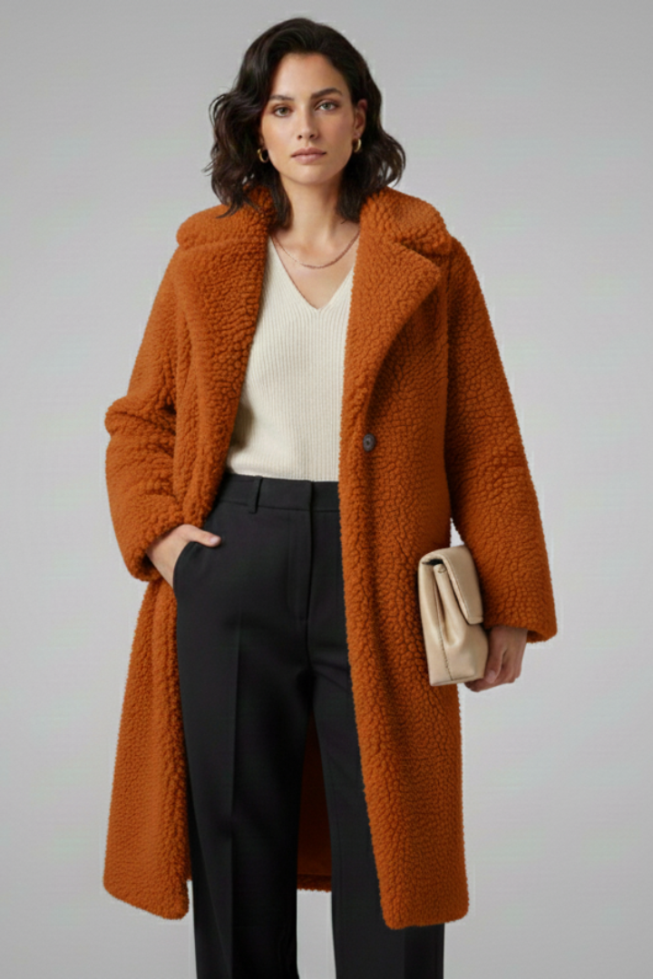 Women’s Long Coat with Wide Collar and Textured Fleece Finish