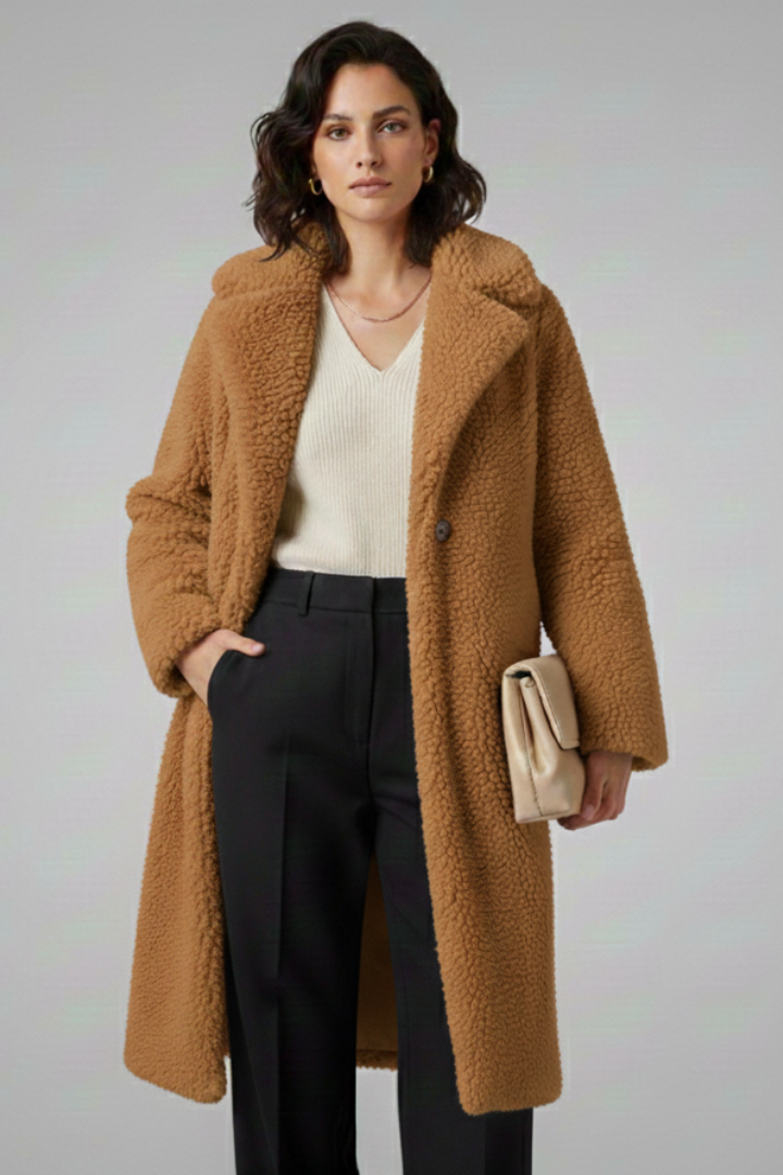 Women’s Long Coat with Wide Collar and Textured Fleece Finish