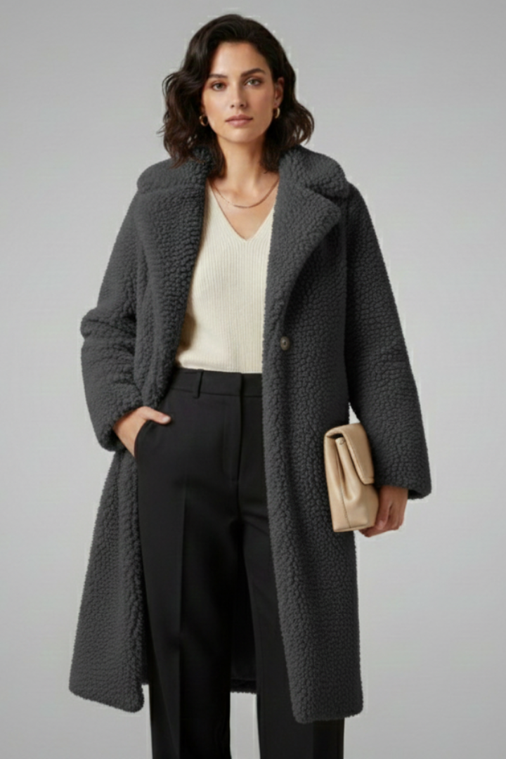 Women’s Long Coat with Wide Collar and Textured Fleece Finish