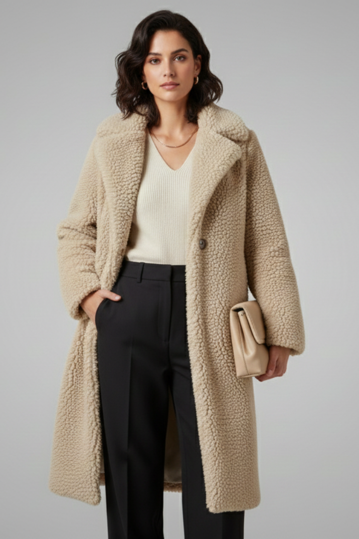 Women’s Long Coat with Wide Collar and Textured Fleece Finish