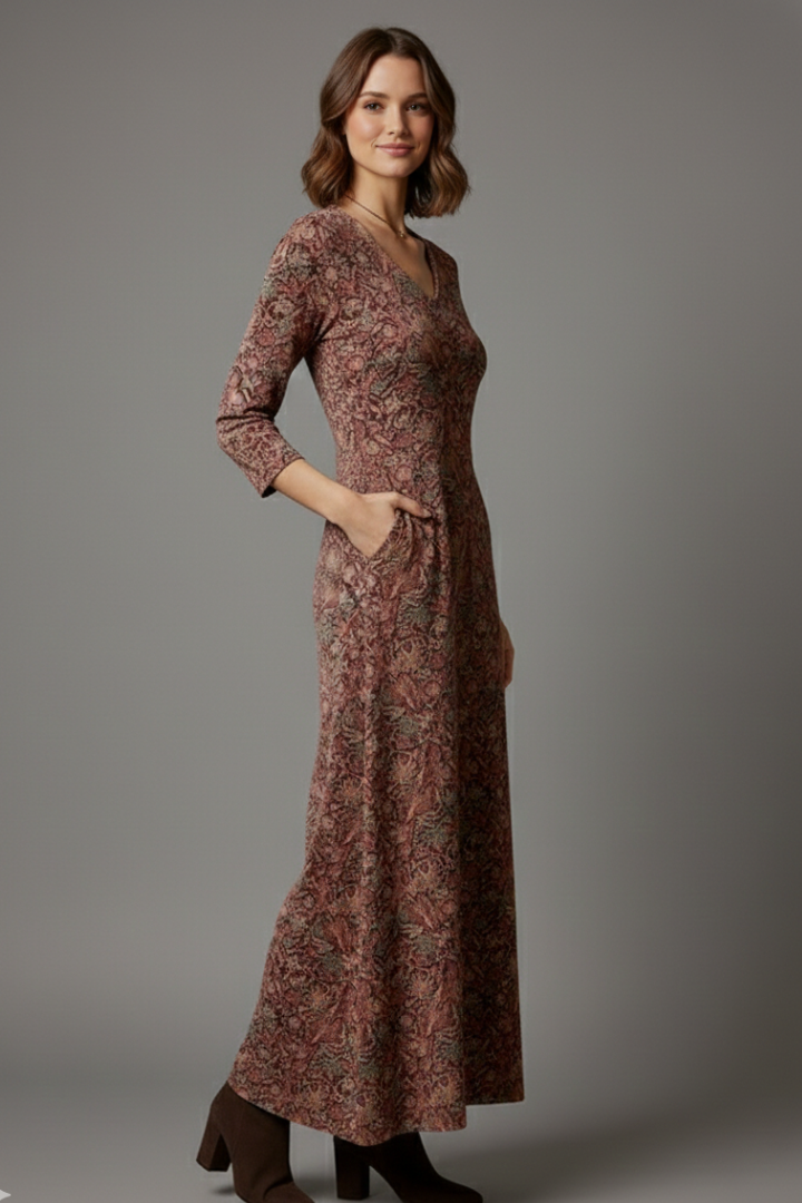 Women’s Long Dress with V-Neck and Long Sleeves