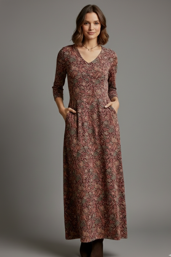 Women’s Long Dress with V-Neck and Long Sleeves