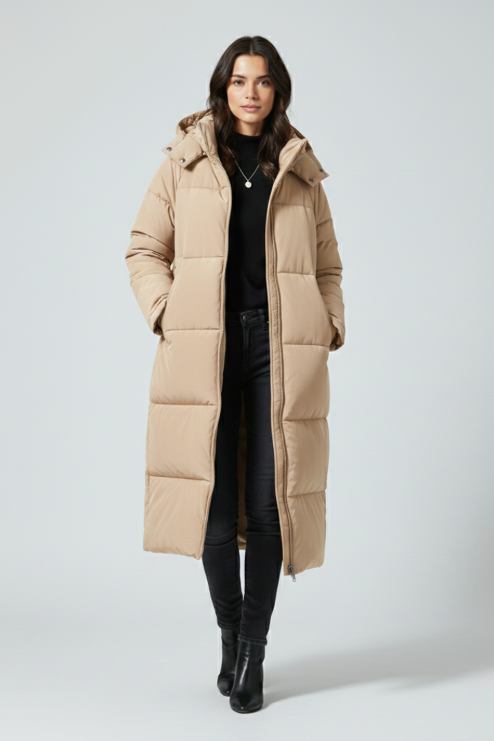 Women’s Long Puffer Jacket with Hood and Stand-Up Collar