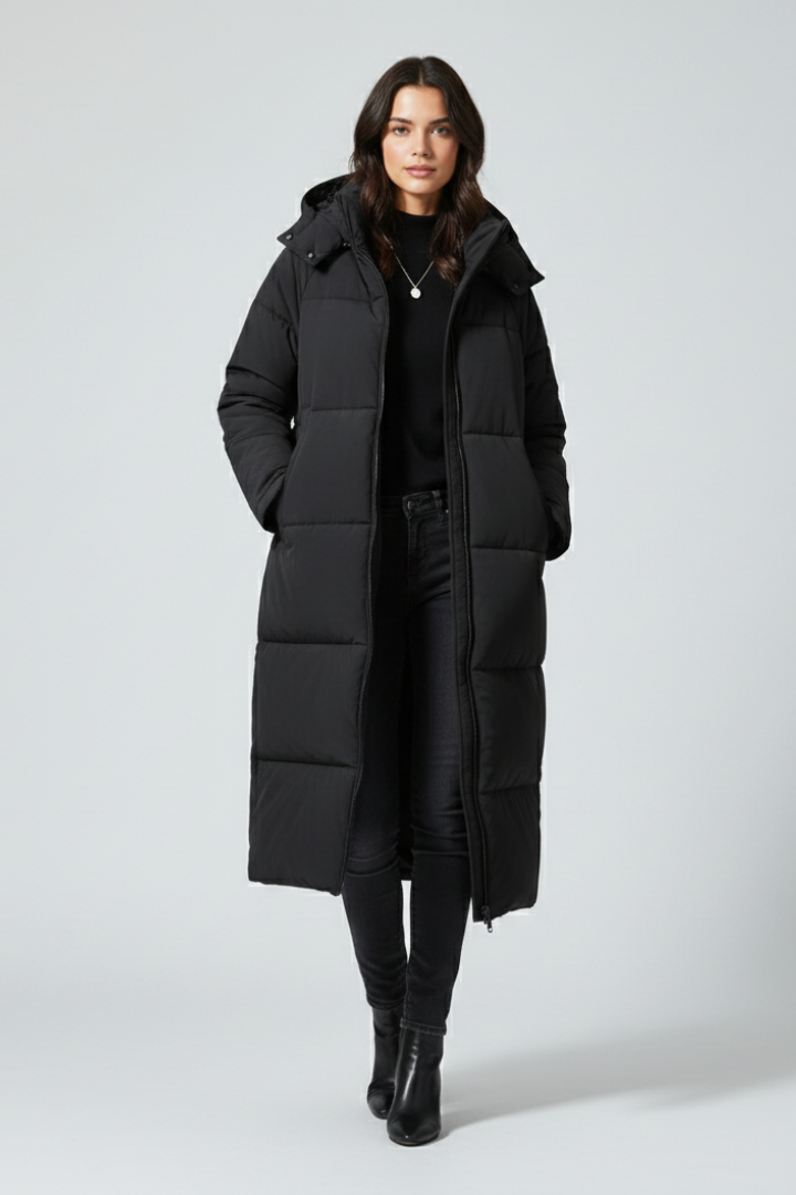 Women’s Long Puffer Jacket with Hood and Stand-Up Collar