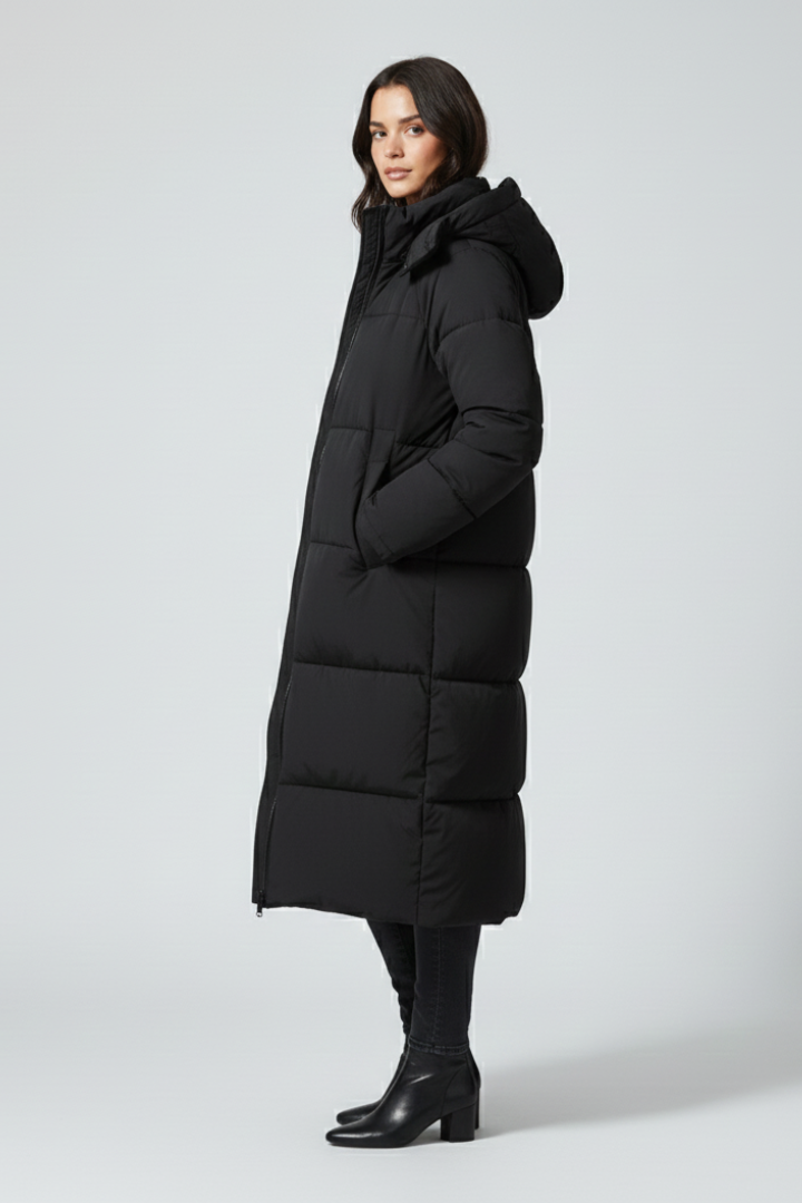Women’s Long Puffer Jacket with Hood and Stand-Up Collar