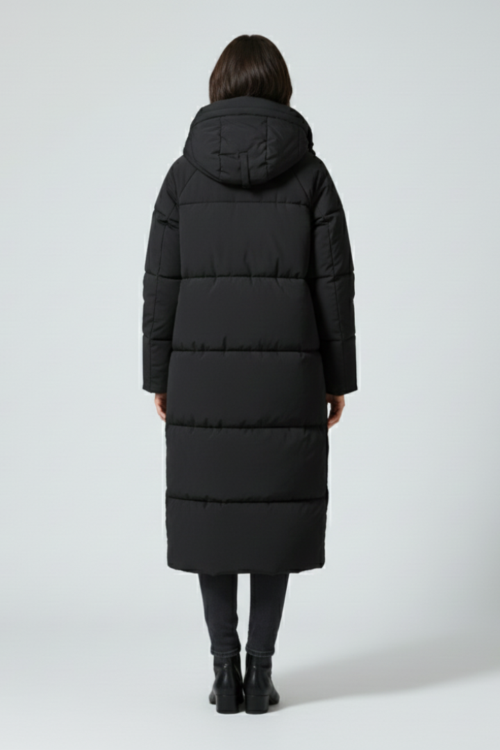 Women’s Long Puffer Jacket with Hood and Stand-Up Collar