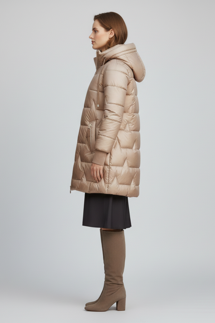 Women’s Long Puffer Jacket with Hood and Zip Fastening