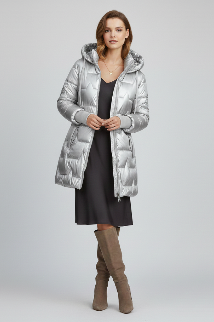 Women’s Long Puffer Jacket with Hood and Zip Fastening