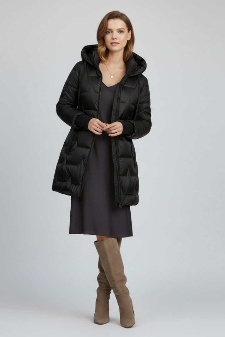 Women’s Long Puffer Jacket with Hood and Zip Fastening