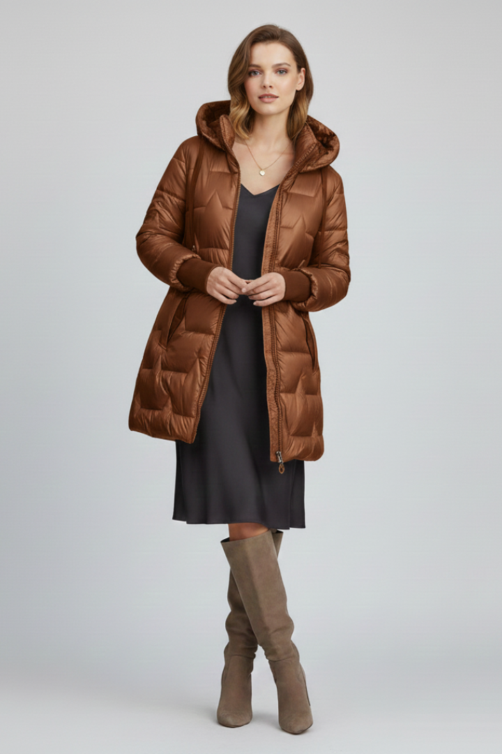 Women’s Long Puffer Jacket with Hood and Zip Fastening