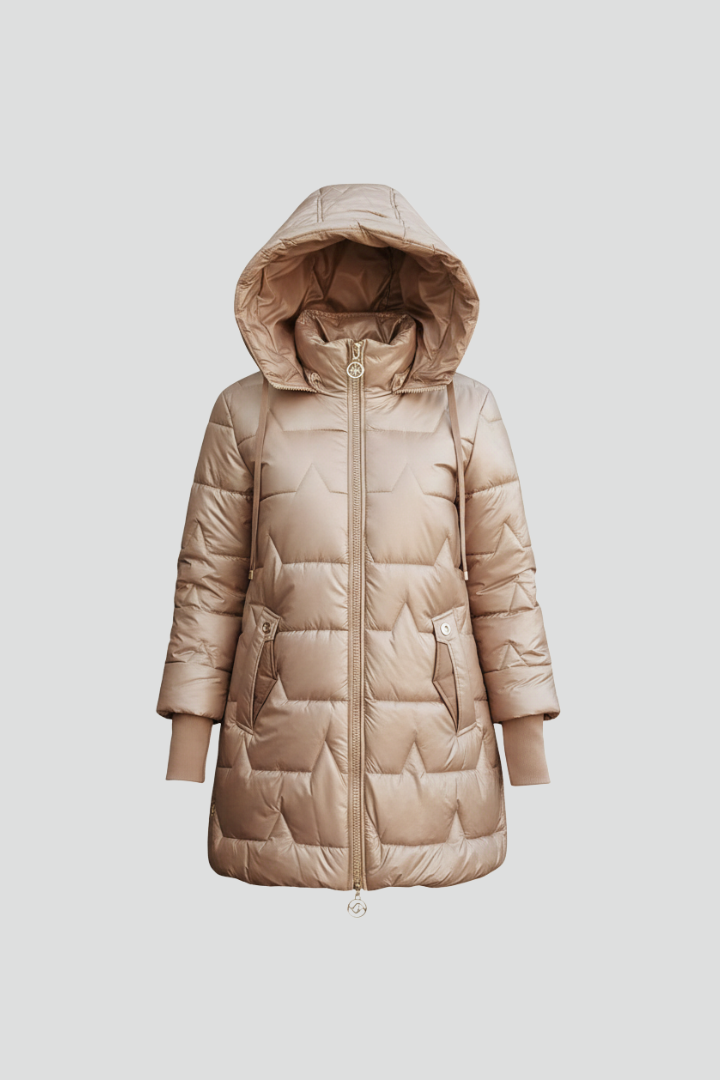 Women’s Long Puffer Jacket with Hood and Zip Fastening