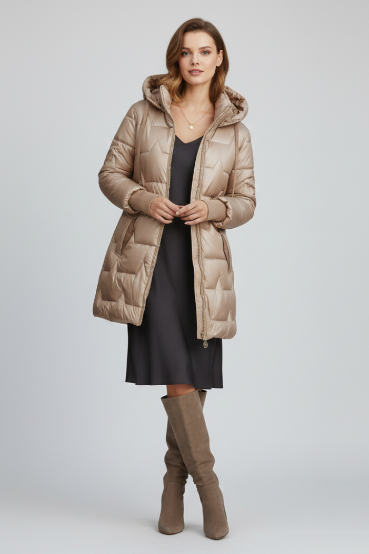 Women’s Long Puffer Jacket with Hood and Zip Fastening