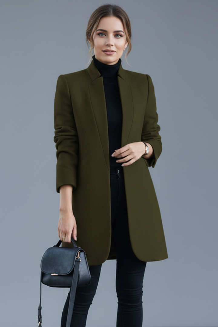Women’s Long Trench Coat with Stand Collar and Front Buttons