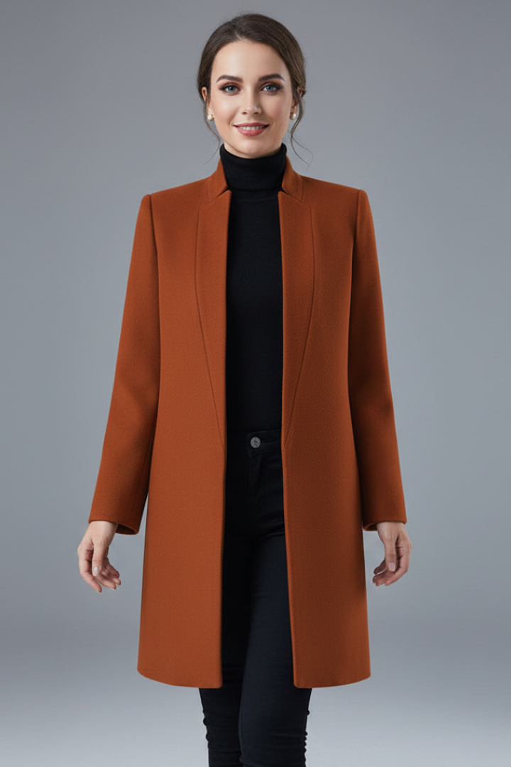 Women’s Long Trench Coat with Stand Collar and Front Buttons