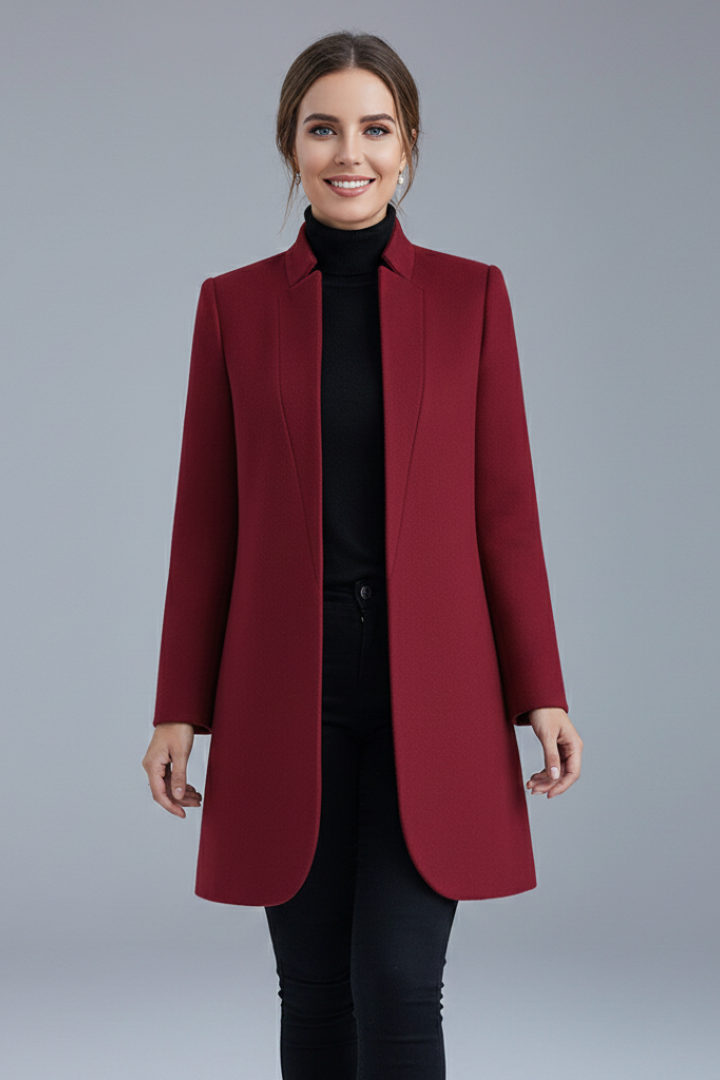 Women’s Long Trench Coat with Stand Collar and Front Buttons