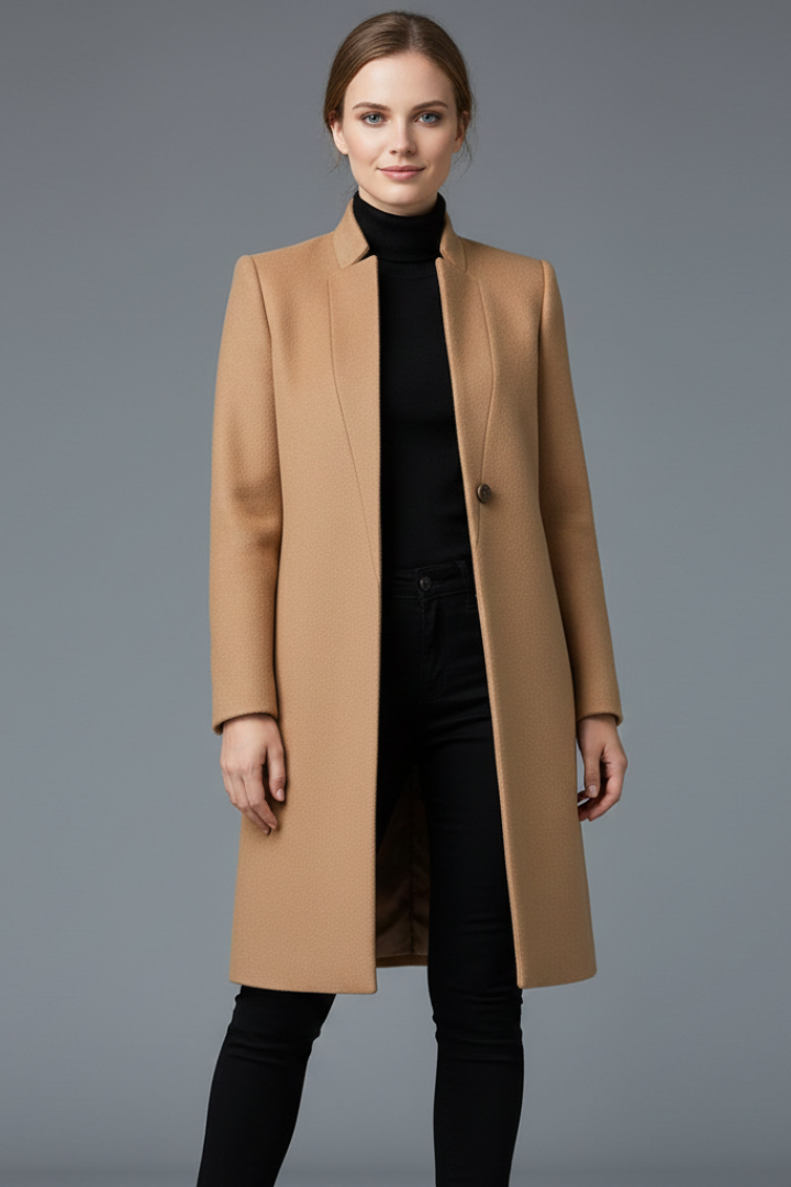 Women’s Long Trench Coat with Stand Collar and Front Buttons