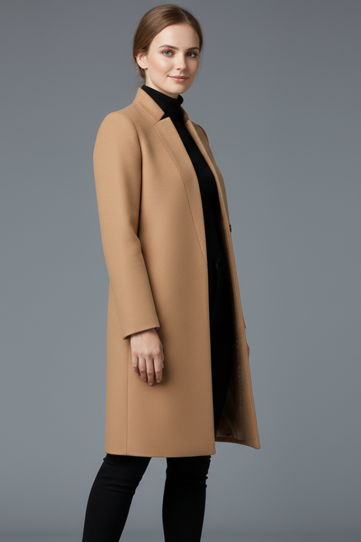 Women’s Long Trench Coat with Stand Collar and Front Buttons