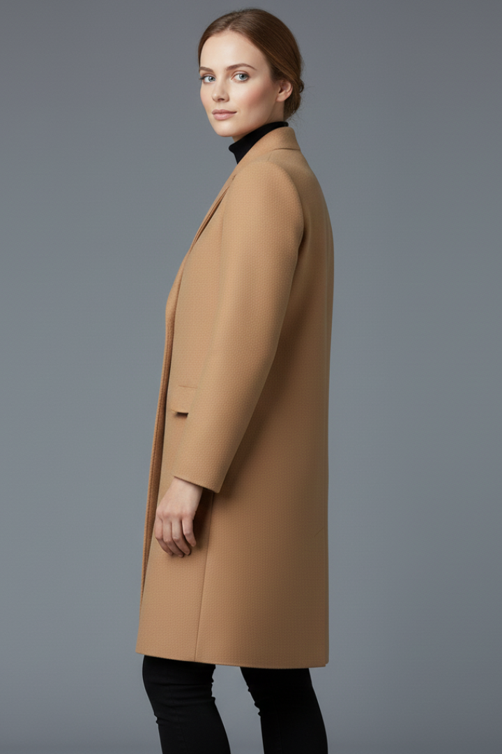 Women’s Long Trench Coat with Stand Collar and Front Buttons