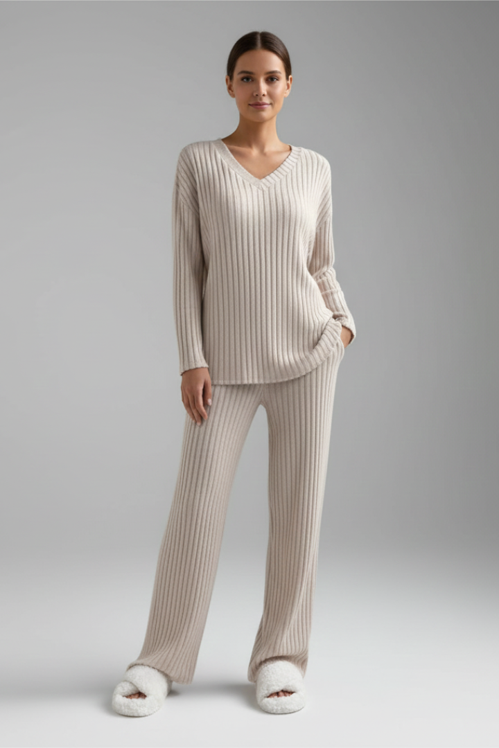 Women’s Lounge Set with V Neck and Ribbed Surface