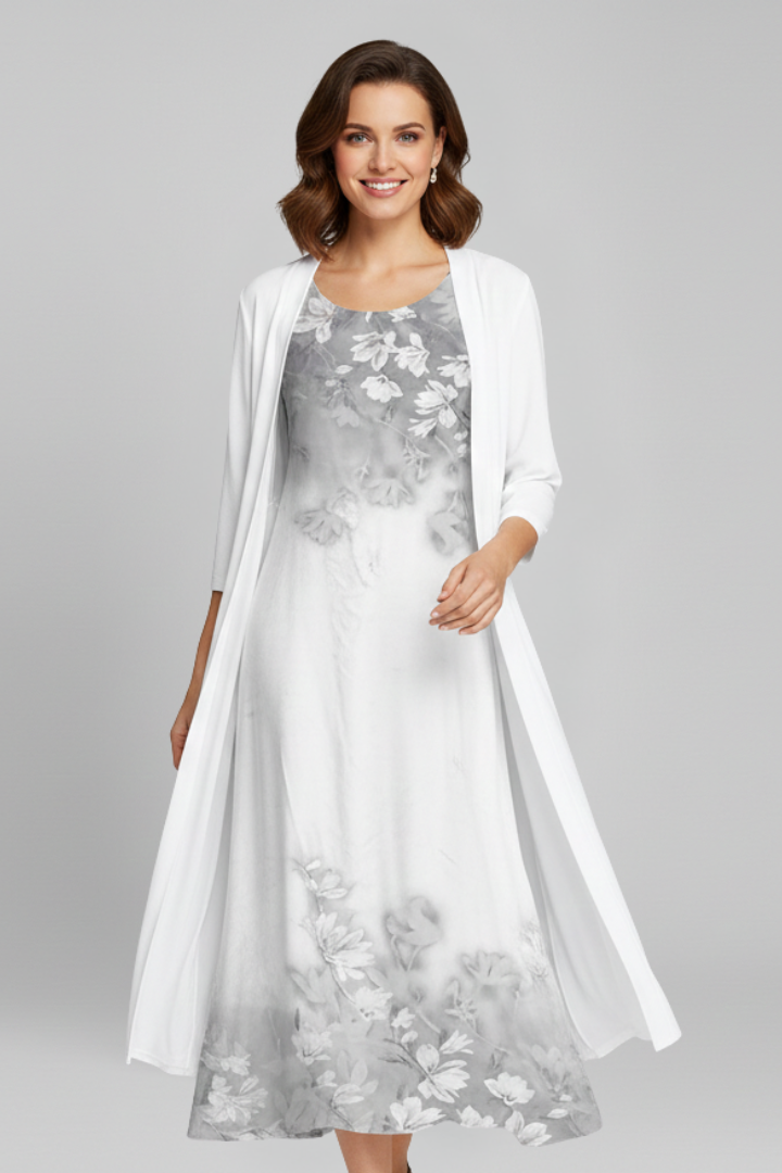 Women’s Maxi Dress with Open Cardigan and Printed Surface