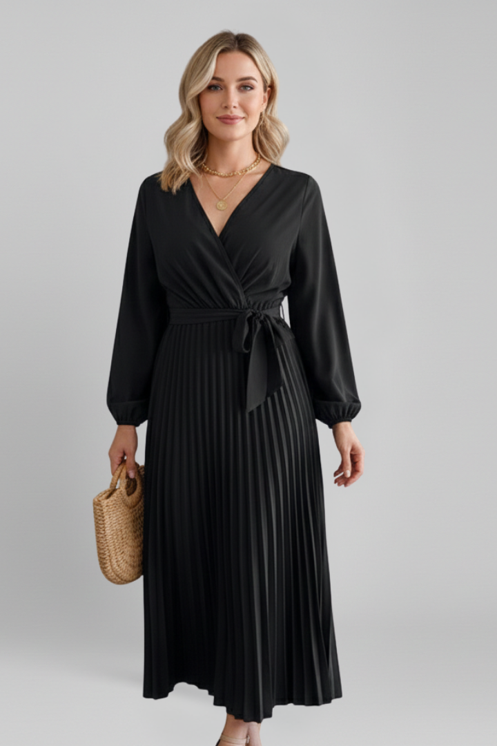 Women’s Maxi Dress with Pleated Skirt and Sleeves
