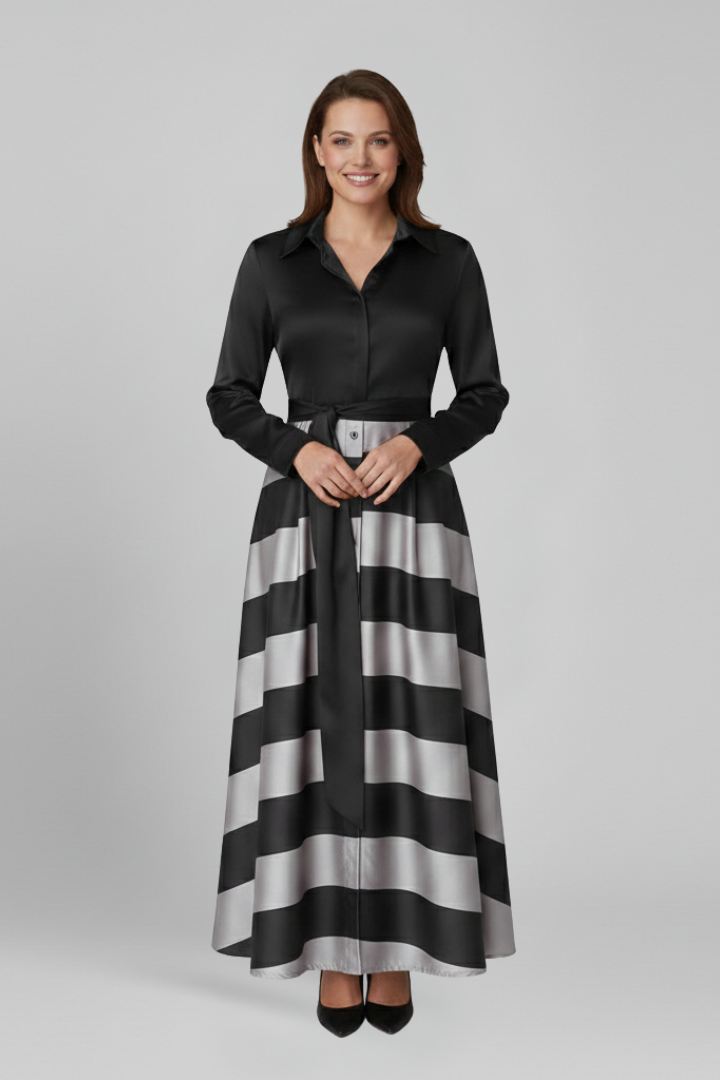 Women’s Maxi Dress with Shirt Collar and Waist Belt