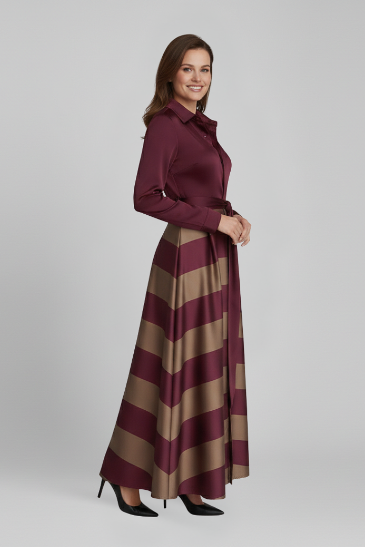 Women’s Maxi Dress with Shirt Collar and Waist Belt