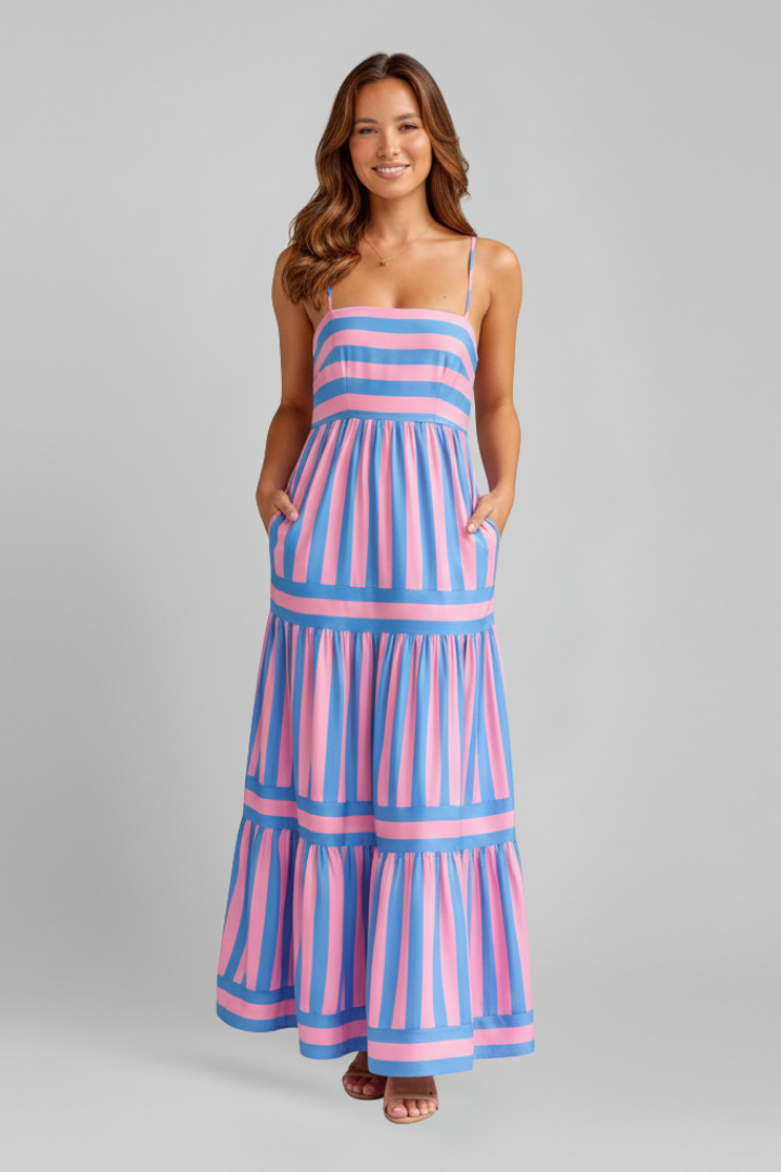 Women’s Maxi Dress with Shoulder Straps and Tiered Skirt