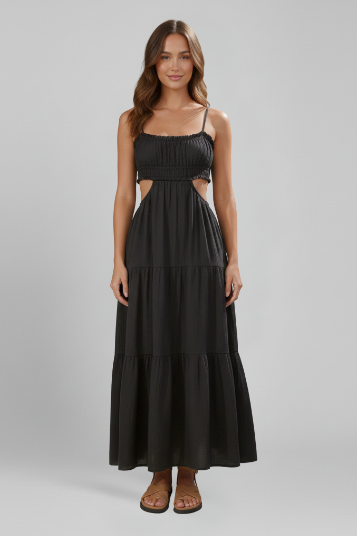 Women’s Maxi Dress with Straight Neckline and Tiered Skirt