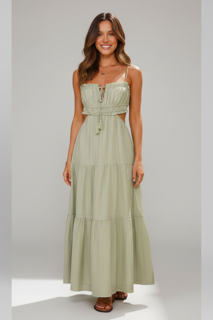 Women’s Maxi Dress with Straight Neckline and Tiered Skirt