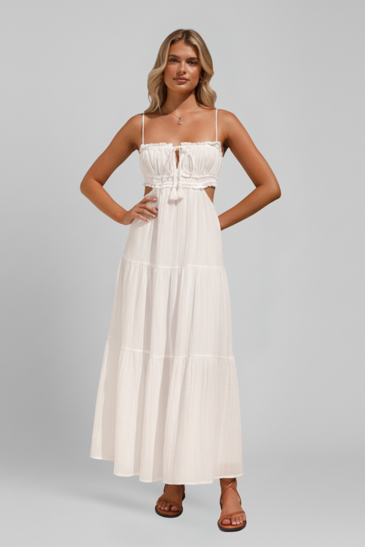 Women’s Maxi Dress with Straight Neckline and Tiered Skirt