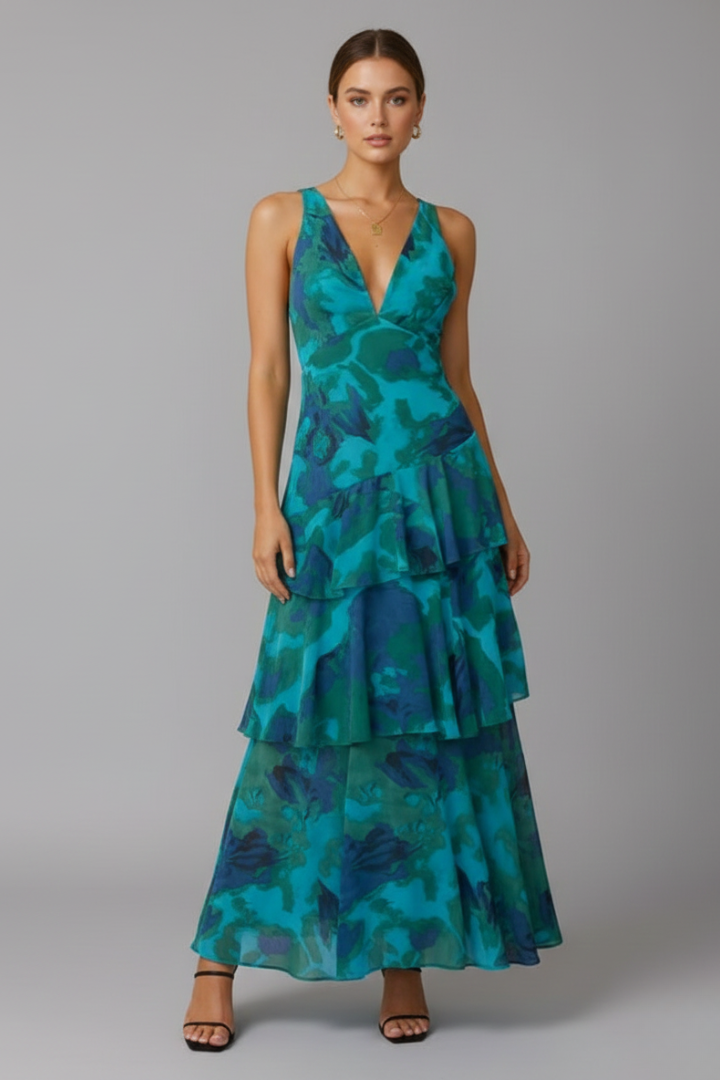 Women’s Maxi Dress with Tiered Skirt and V‑Neck