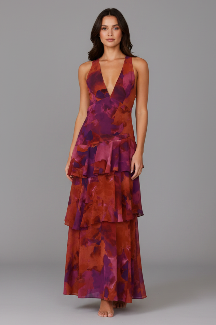 Women’s Maxi Dress with Tiered Skirt and V‑Neck