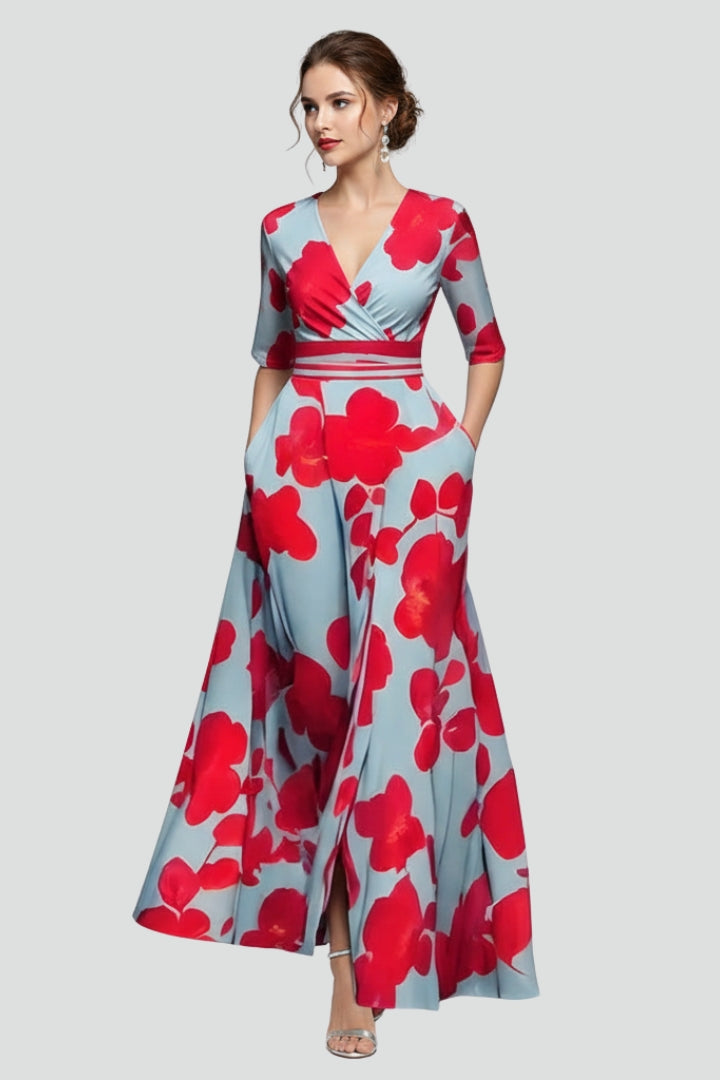 Women’s Maxi Dress with V-Neck and Printed Surface