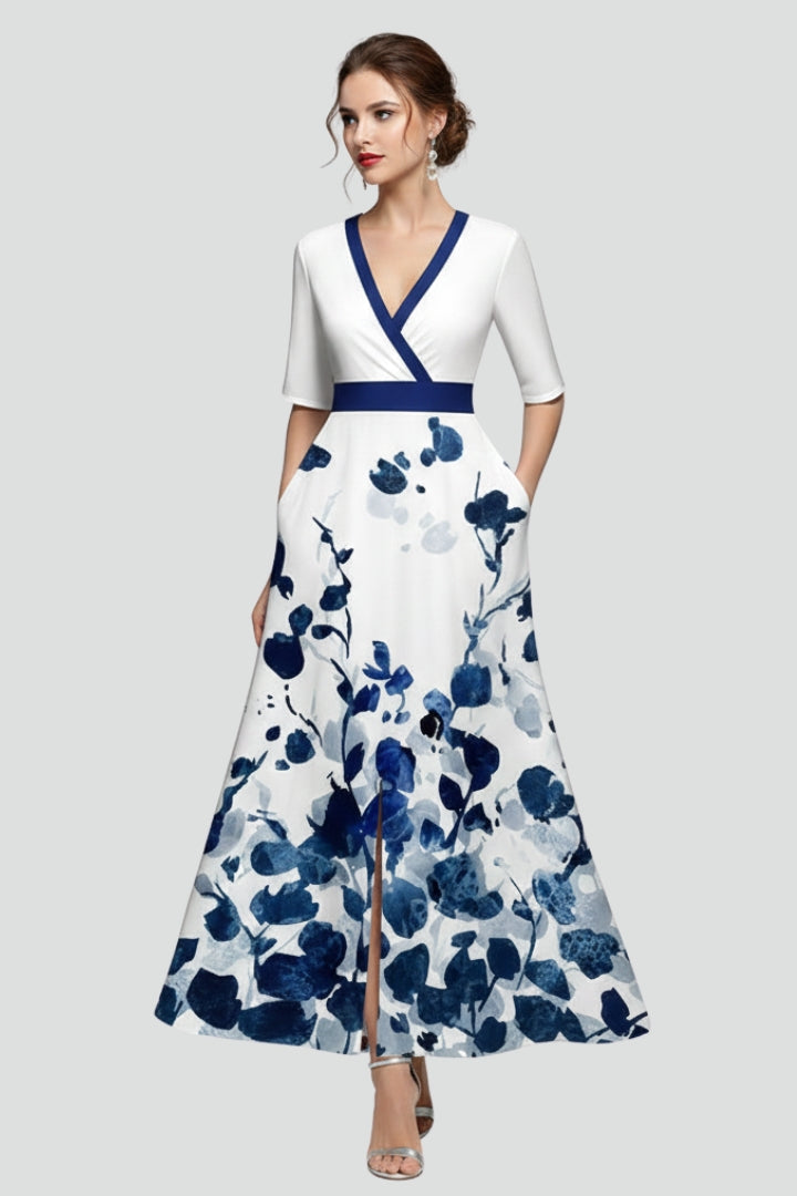 Women’s Maxi Dress with V-Neck and Printed Surface